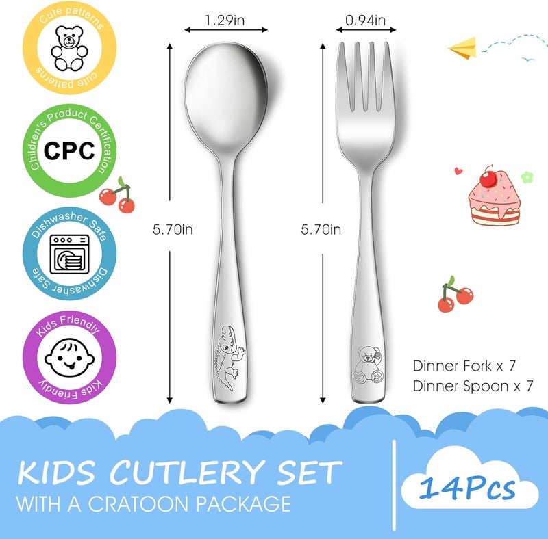 AUOIKK 14-Piece Toddler Flatware, Kids Utensils Stainless Steel Cutlery Set, Children Safe Spoons and Forks with Ergonomic Handle, Easy to use and Dishwasher Safe (Crocodile and Bear) - Image 2